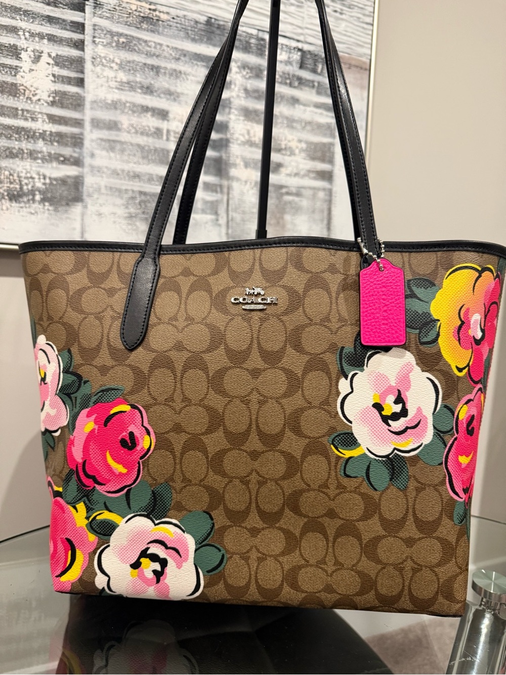 Coach Brown Signature Canvas Tote with Pink Floral Accents